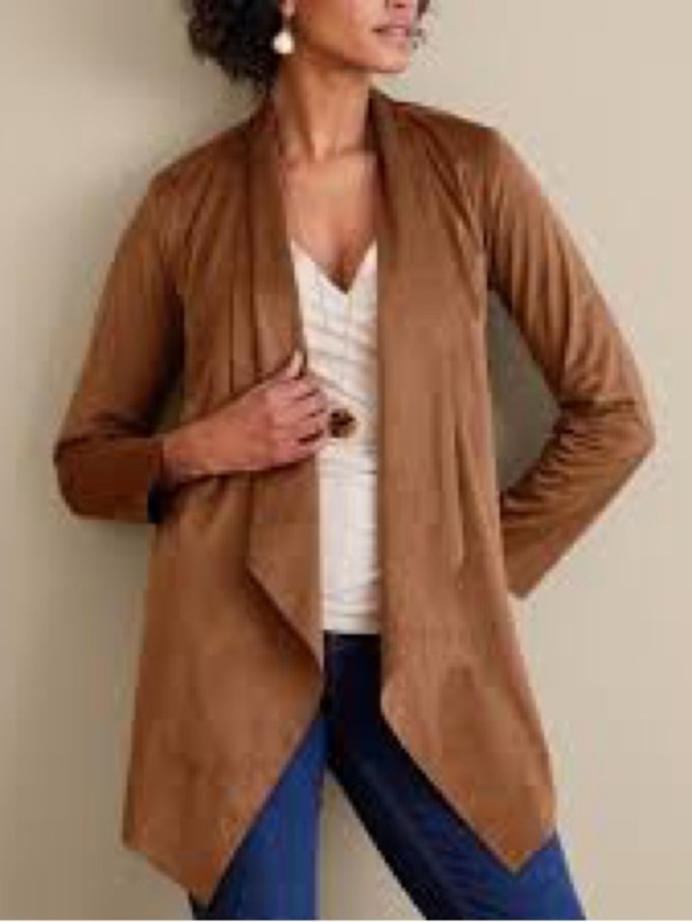 Soft Surroundings brown faux suede open-front jacket